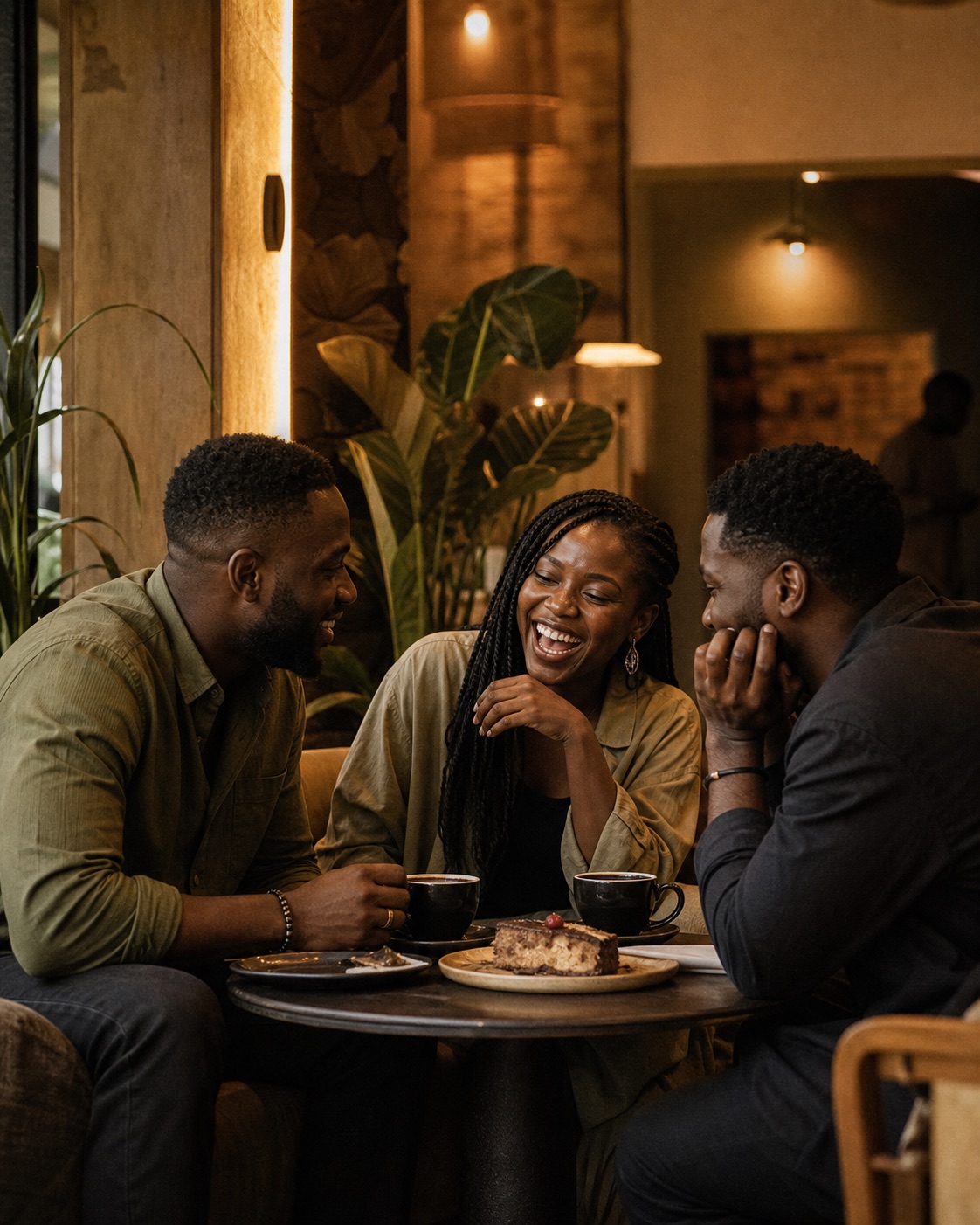 Illustrative scene of people laughing together over coffee